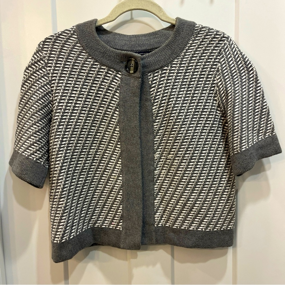 Anne Klein Women’s Gray White Patterned Sweater Cardigan One Button Size Small